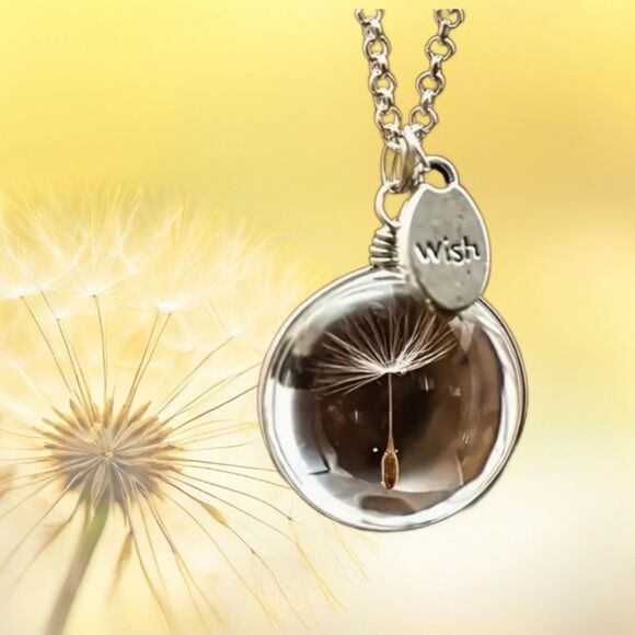 Clear Bubble With a Tiny Dandelion & a Carved WISH Charm Necklace - Picture 4 of 5